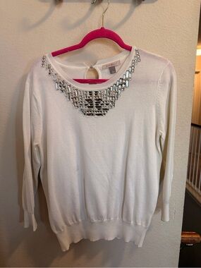 Roz & Ali White Jeweled Neck Knit Pullover